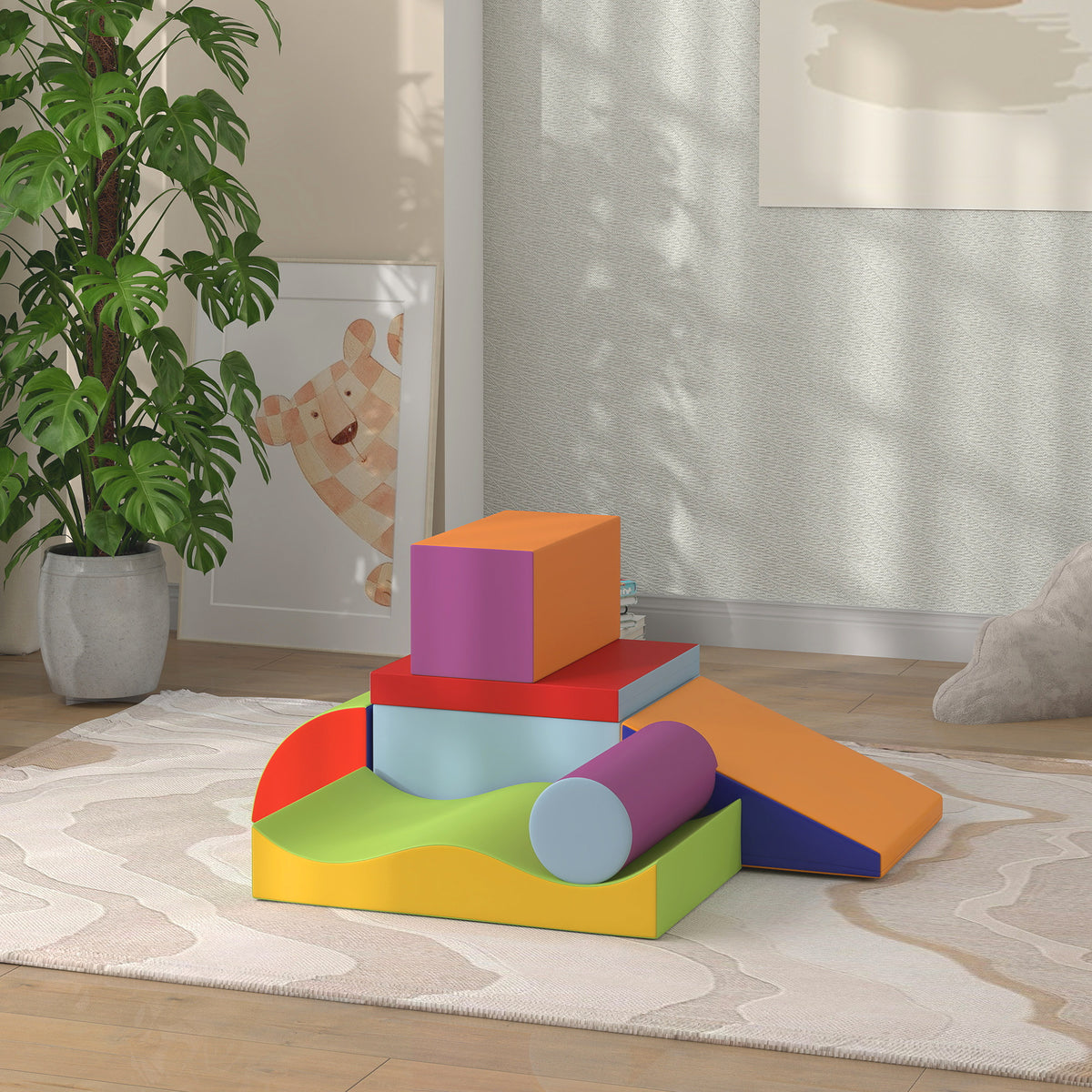 Soozier 7 Pieces Soft Play Foam Climbing Blocks, Indoor Modular Kids Play Toys for Climbing, Crawling, Sliding, Dark Colour