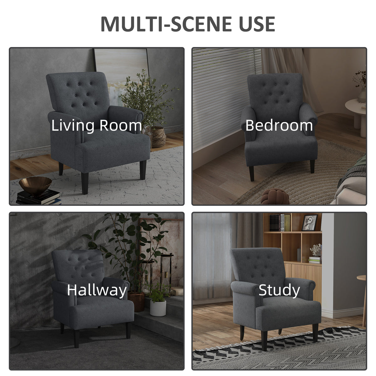 Armchair, Fabric Accent Chair, Modern Living Room Chair with Wood Legs and Rolled Arms for Bedroom, Grey