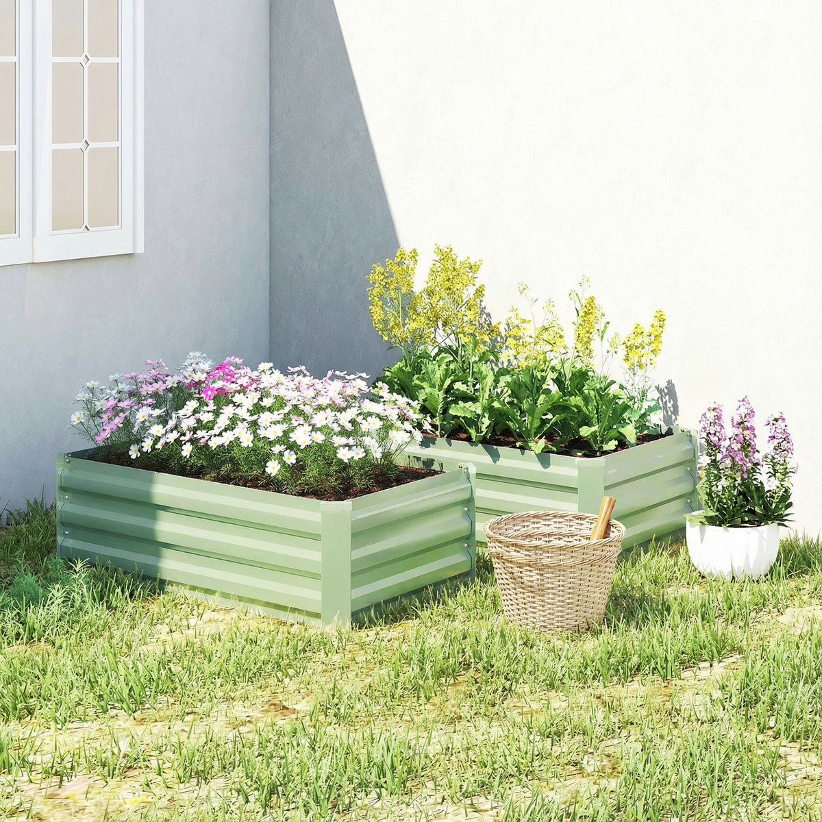 Set of 2 Galvanized Raised Beds for Garden, Outdoor Planter Box for Flowers, Herbs and Vegetables, Light Green