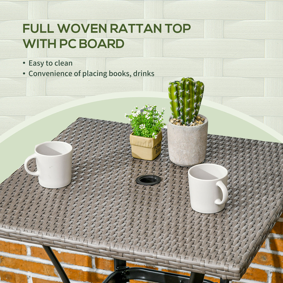 Patio Wicker Dining Table with Umbrella Hole, 34 Inch Outdoor PE Rattan Coffee Table with Plastic Board Under the Woven Table Top for Patio, Garden, Balcony, Light Grey