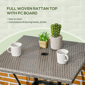 Patio Wicker Dining Table with Umbrella Hole, 34 Inch Outdoor PE Rattan Coffee Table with Plastic Board Under the Woven Table Top for Patio, Garden, Balcony, Light Grey