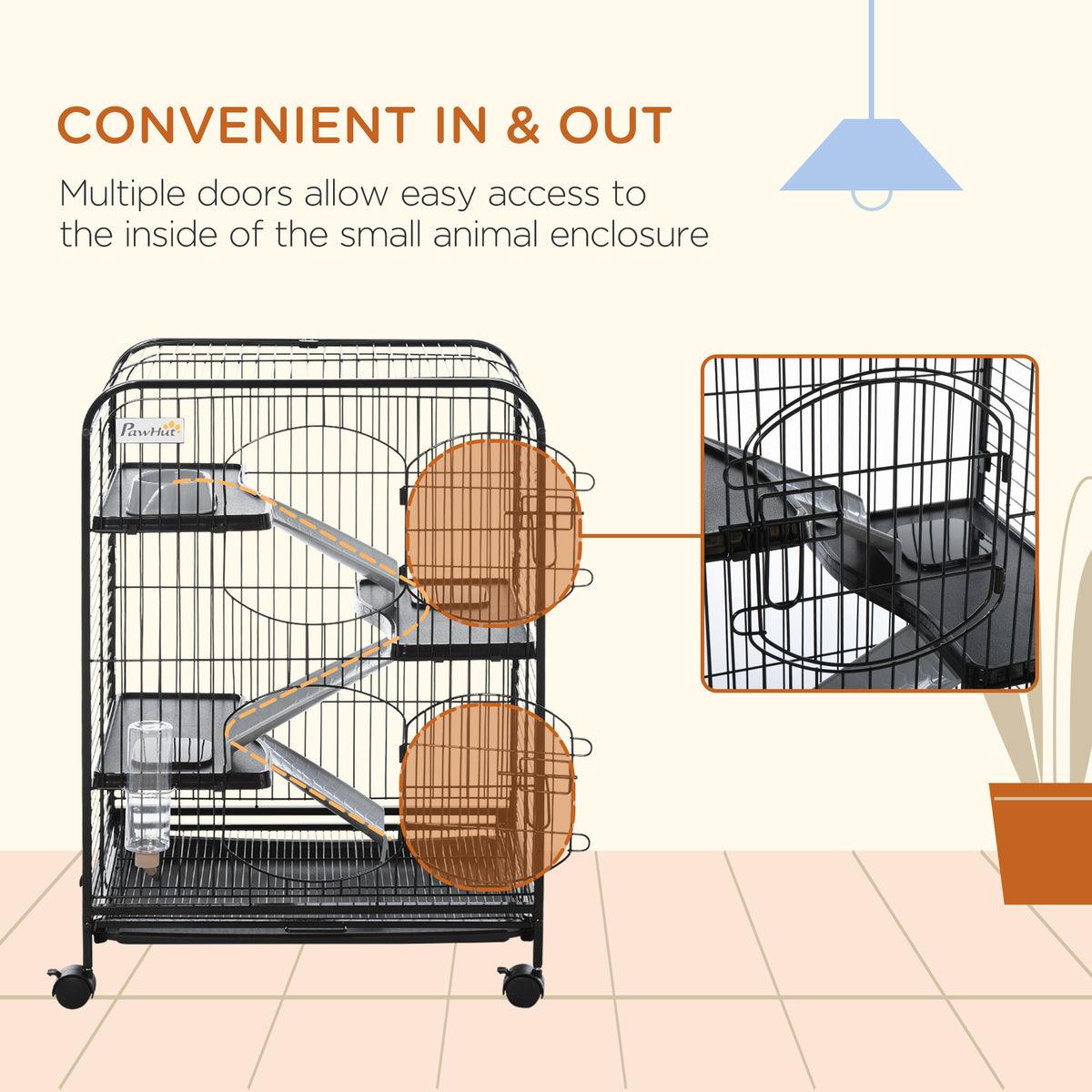 37"H Ferret Cage, 4-Tier Rolling Rabbit Ferret Chinchilla Squirrel Cage with Removable Tray, Platform, Ramp, Food Dish, Water Bottle, 24" x 17" x 37"