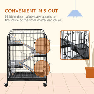 37"H Ferret Cage, 4-Tier Rolling Rabbit Ferret Chinchilla Squirrel Cage with Removable Tray, Platform, Ramp, Food Dish, Water Bottle, 24" x 17" x 37"