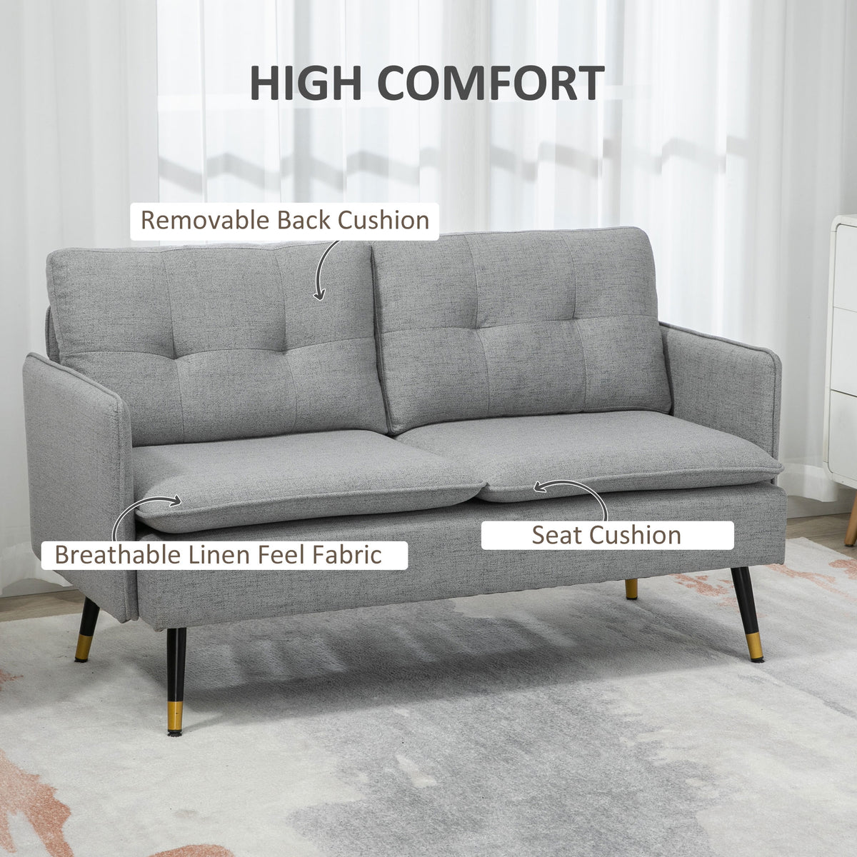 55" Loveseat Sofa, Linen Love Seat w/ S spring, Steel Legs and Button Tufting, Small Couch for Living Room – view 24