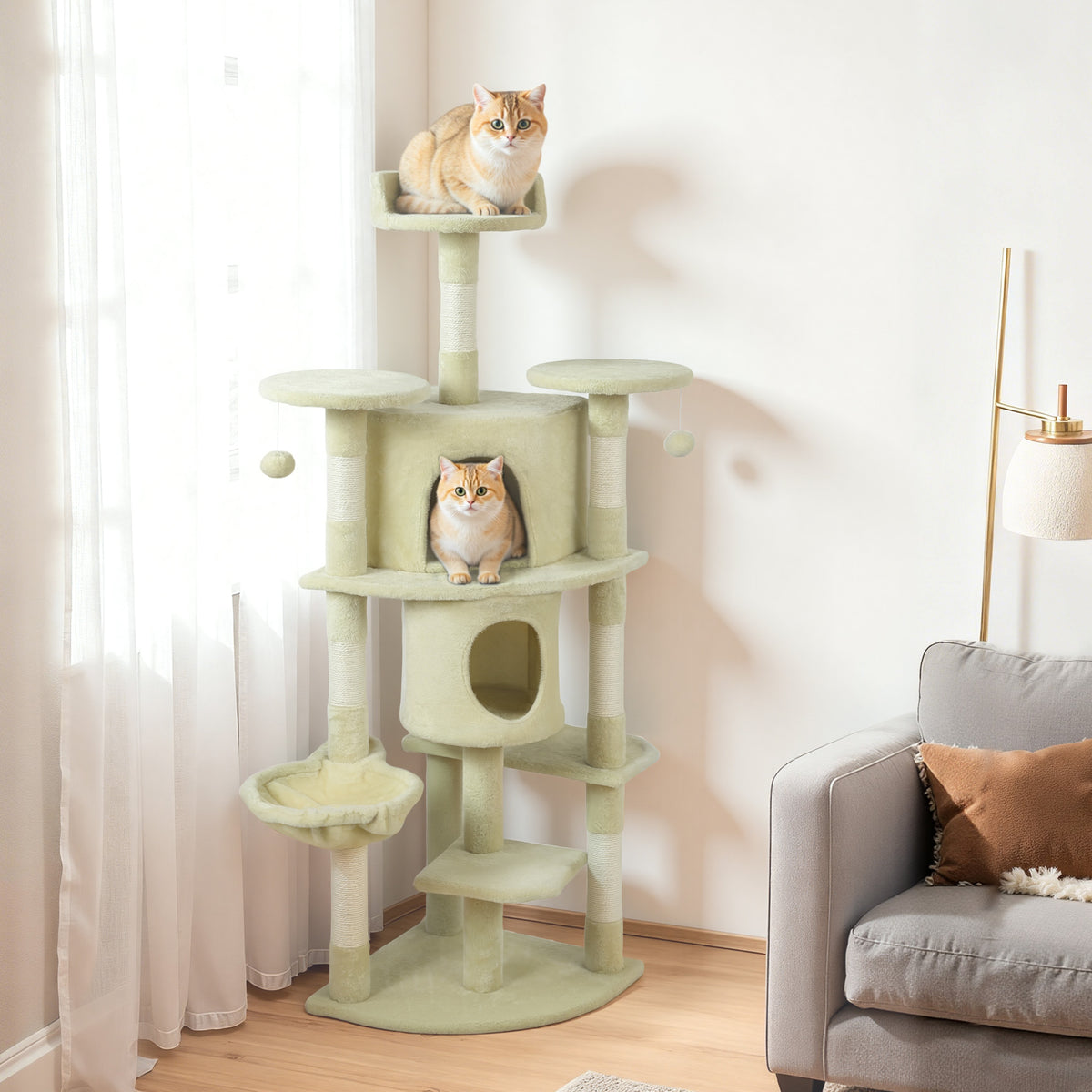62" Cat Tree with Scratching Post, 2 Condos, Hammock, Perches, Plush, Pompoms, for Indoor Cats, Beige – view 7