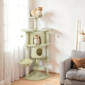 62" Cat Tree with Scratching Post, 2 Condos, Hammock, Perches, Plush, Pompoms, for Indoor Cats, Beige – view 7