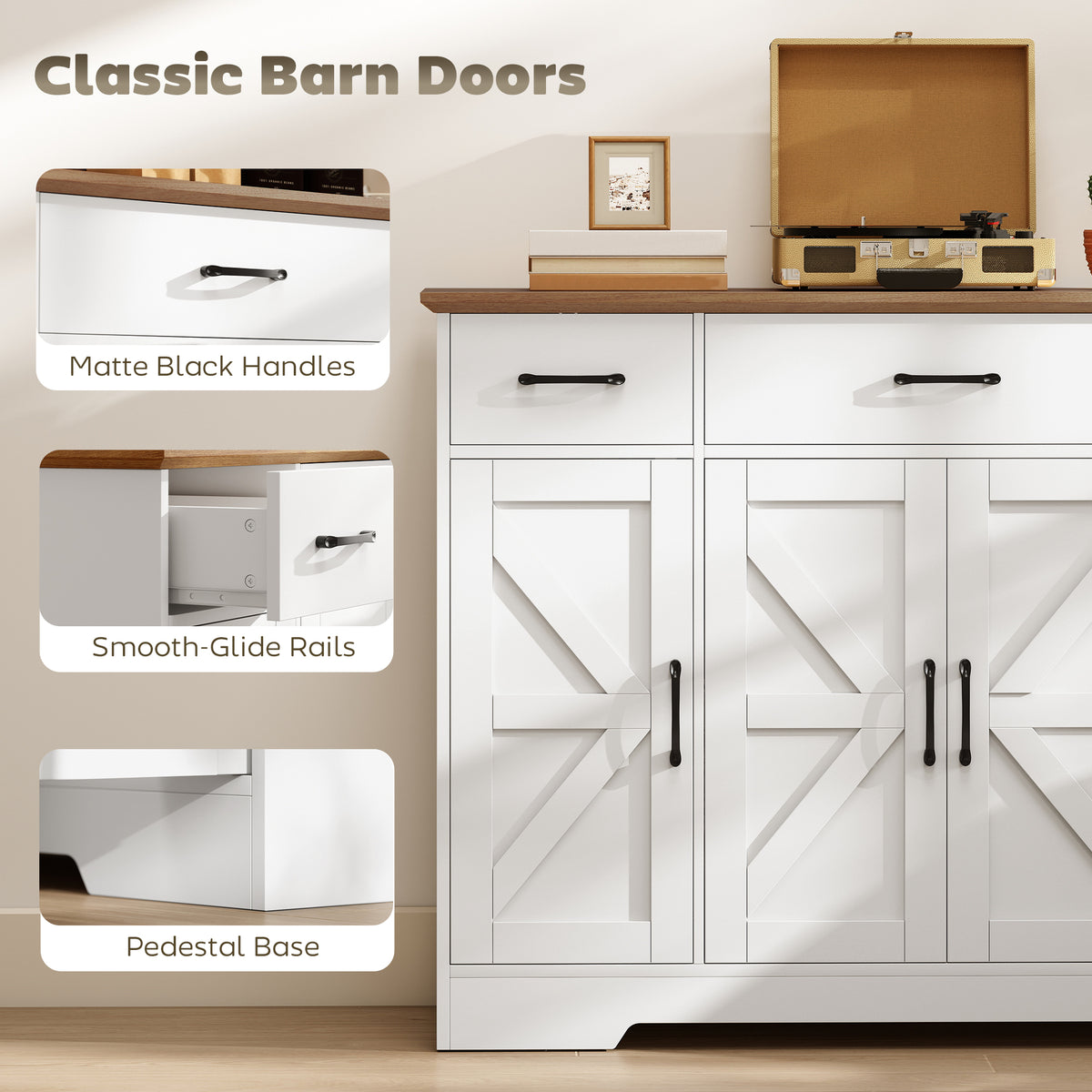 47" Buffet Cabinet with Soft-Close Hinges, Farmhouse Sideboard with 3 Drawers, Adjustable Shelves and Spice Racks, Black