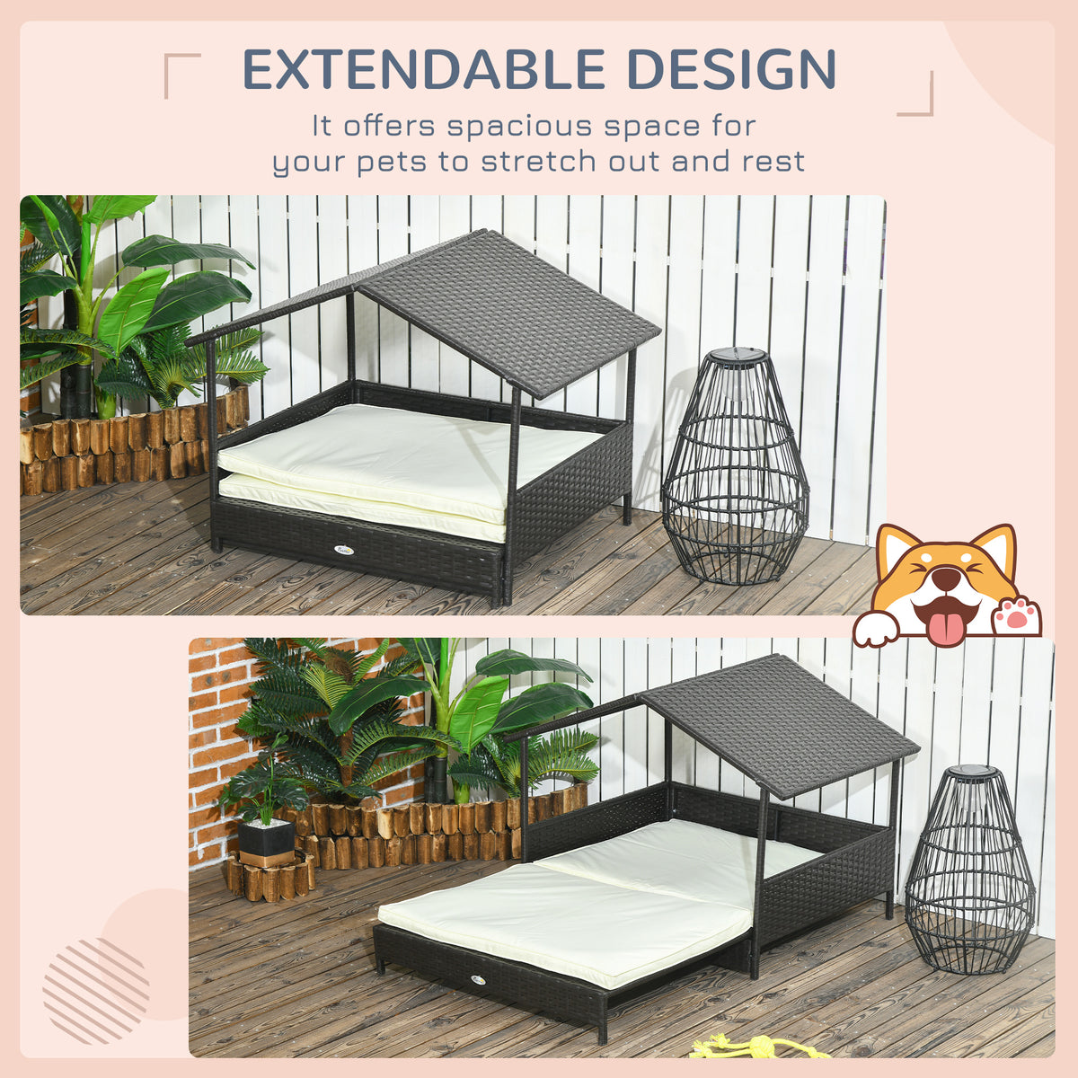 Rattan Dog House with Canopy, Wicker Dog Bed with Water-Resistant Cushion, for Small and Medium Breeds Blue – view 10