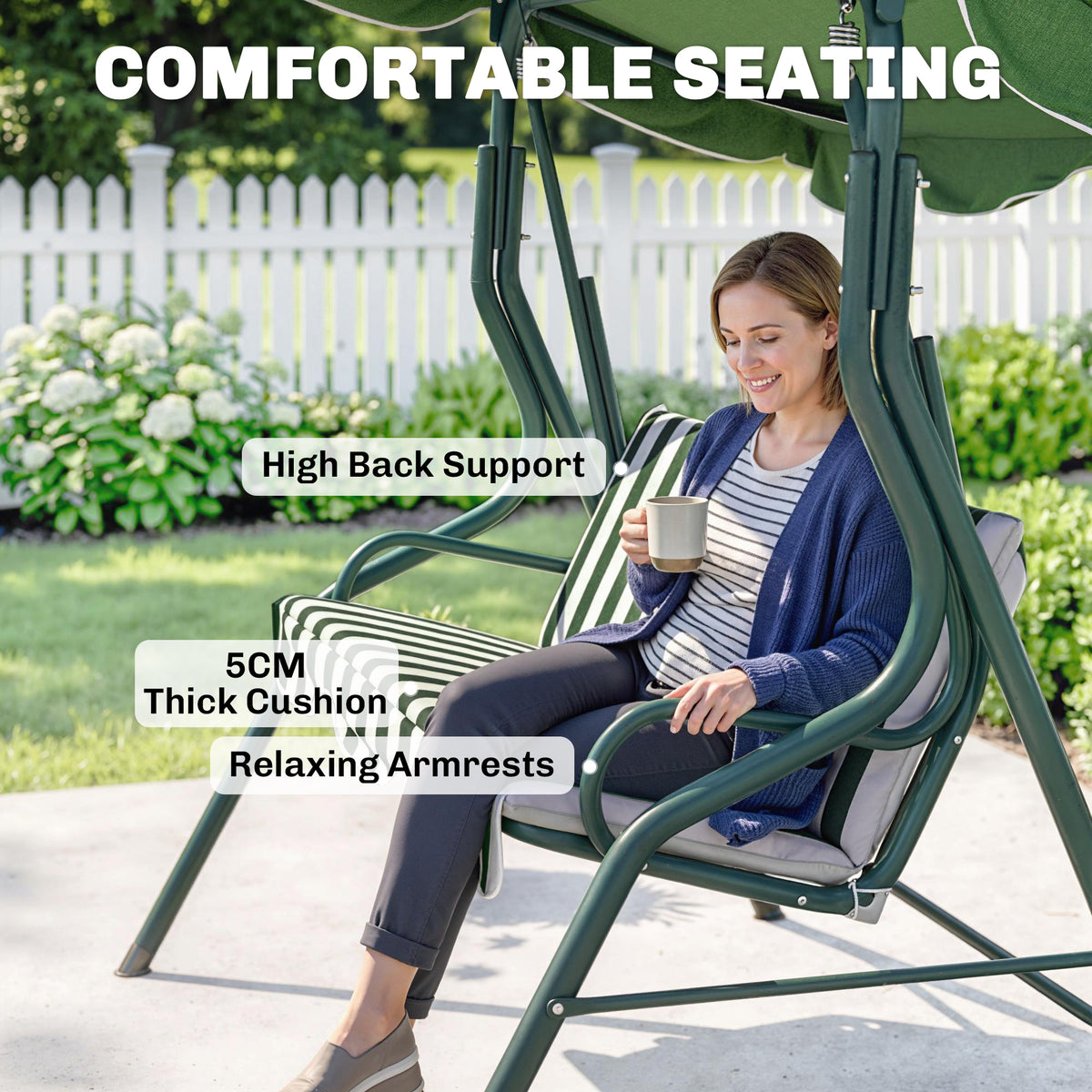 Outdoor Porch Swing with Adjustable Canopy, 3-Seater Patio Swing Chair with Cushion, Black – view 20