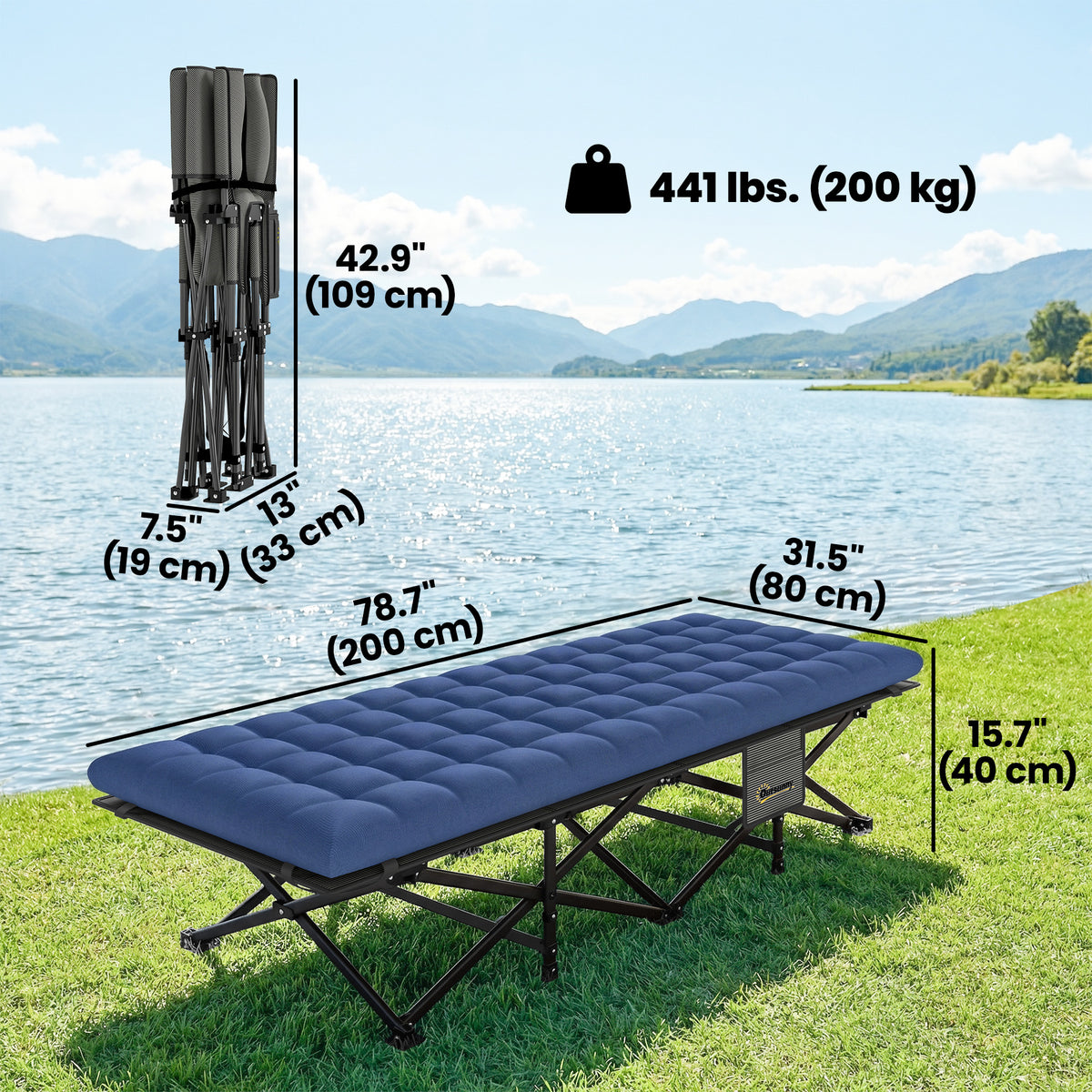 Camping Cot with Soft Pad, 32" Extra Wide Folding Cots with Non-Slip Feet and Carry Bag, Blue