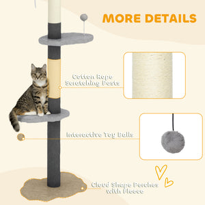 88.5"-100.5" Floor to Ceiling Cat Tree, Cat Tower with Scratching Posts, Cloud Shaped Platforms, Dangling Balls, Cream