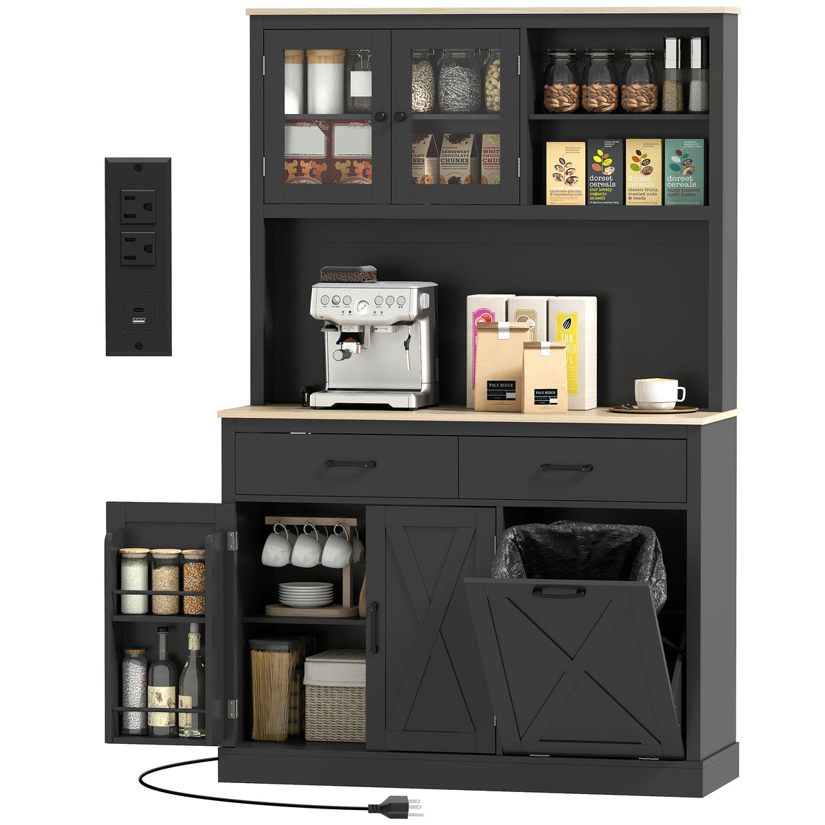 69" Kitchen Pantry Cabinet with Charging Station Kitchen Cabinet with Microwave Stand 7 Gallon Trash Can