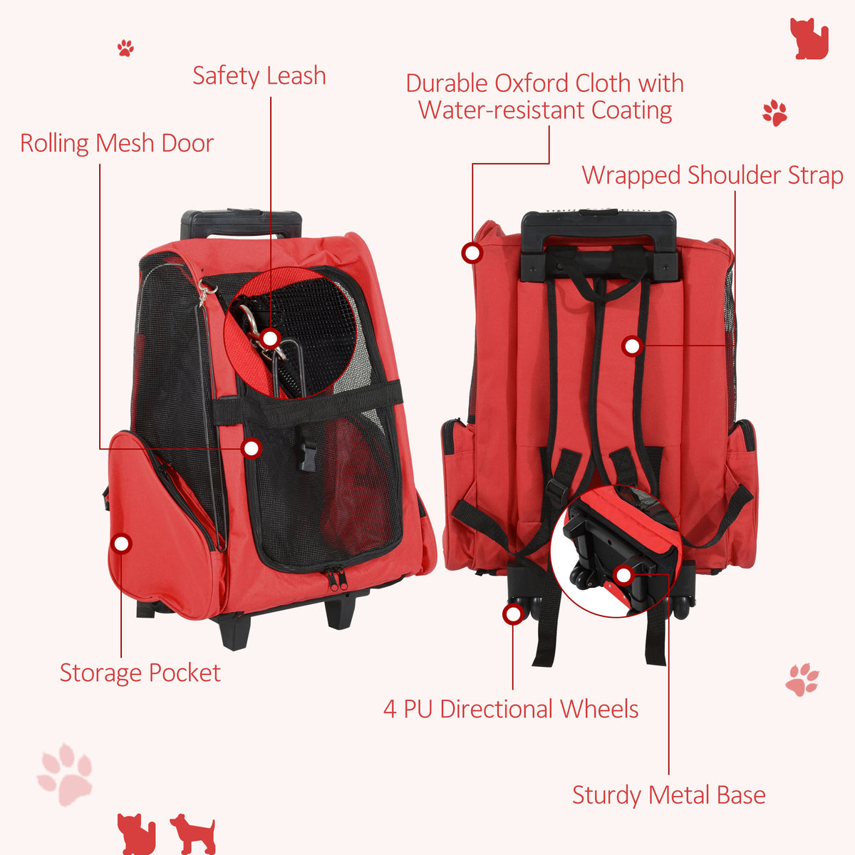 2-IN-1 Pet Luggage Box Backpack Carrier Cats Dogs w/ Handle, Rolling Wheel Grey – view 19