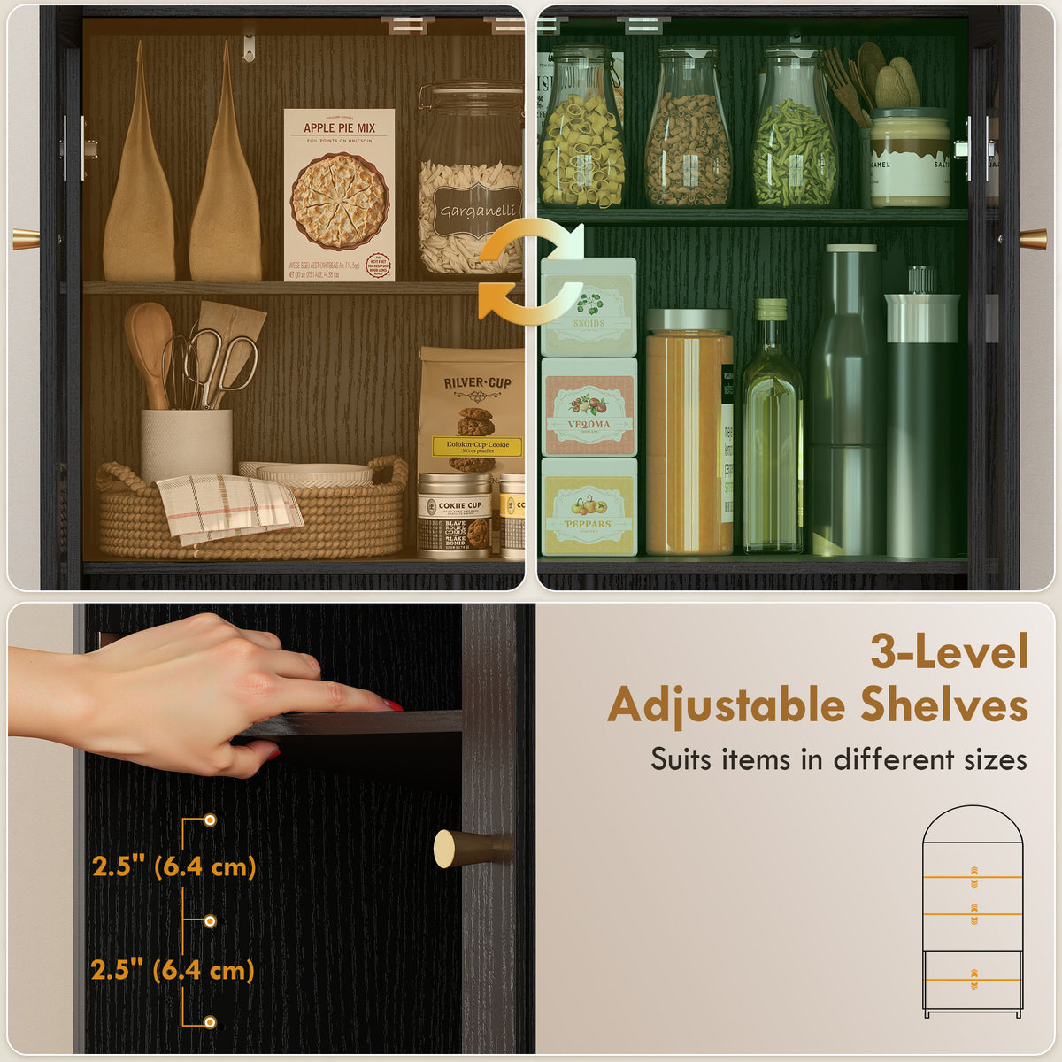 Arched Kitchen Pantry Cabinet, 71" Tall Farmhouse Kitchen Storage Cabinet with Acrylic Glass Doors, Oak – view 12