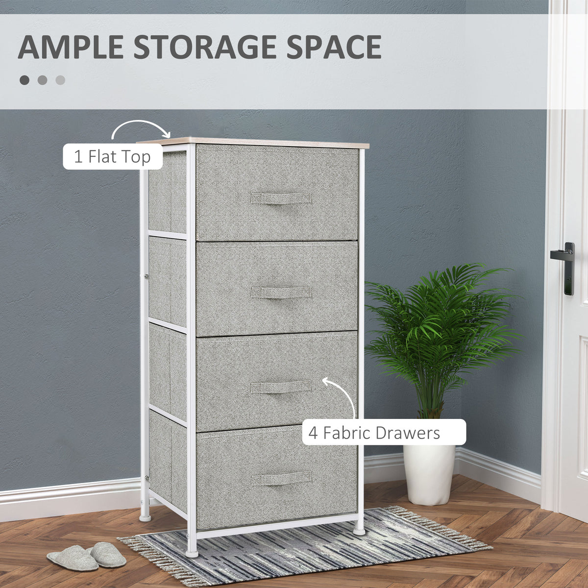 Linen Drawer Cabinet Organizer Storage Dresser Tower with 4 Removable Drawer Metal Frame Adjustable Feet for Living Room, Kitchen, Bathroom, Black