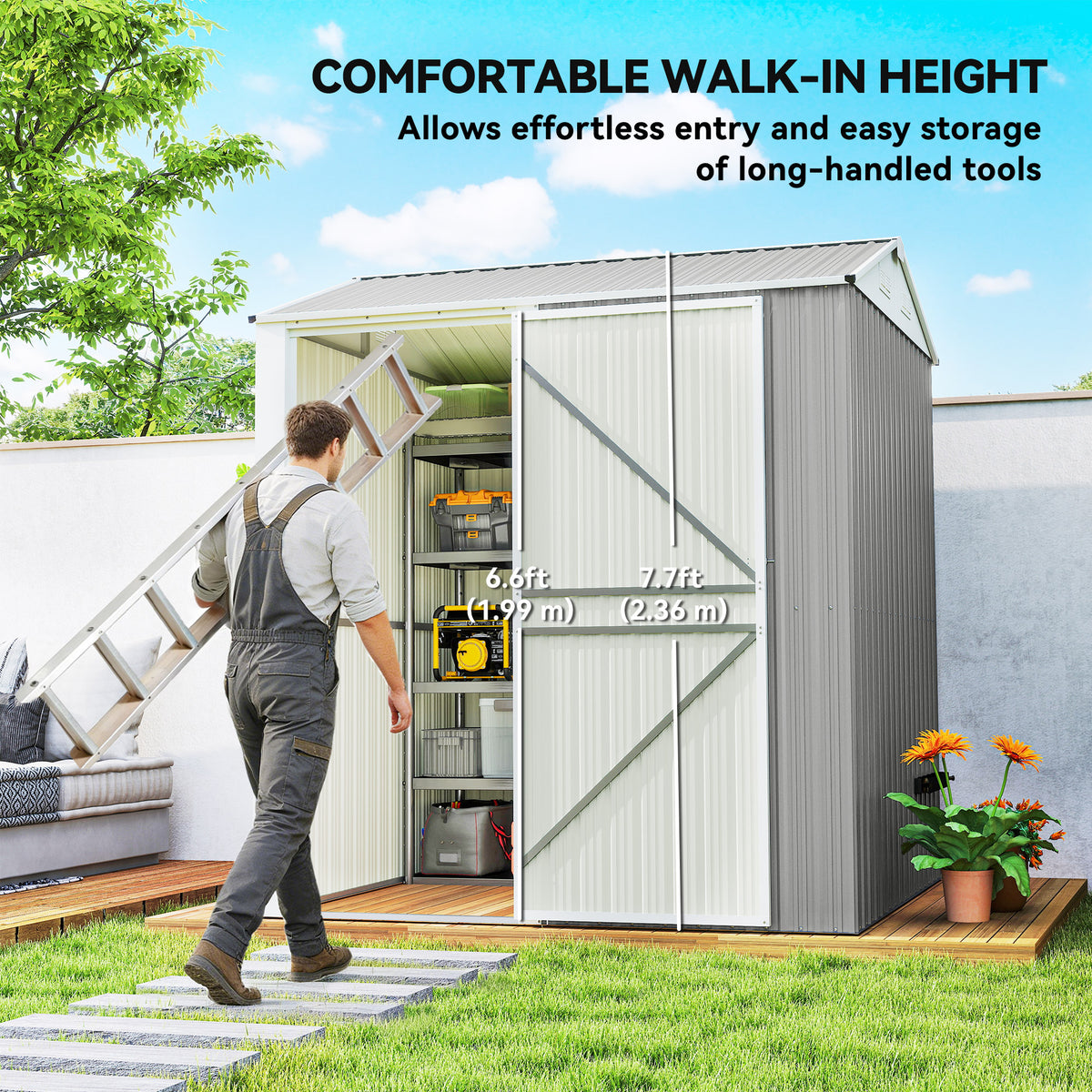 7' x 6' Tall Outdoor Storage Shed, Waterproof Metal Garden Shed with Gloves, Lockable Door, Dark Grey – view 10
