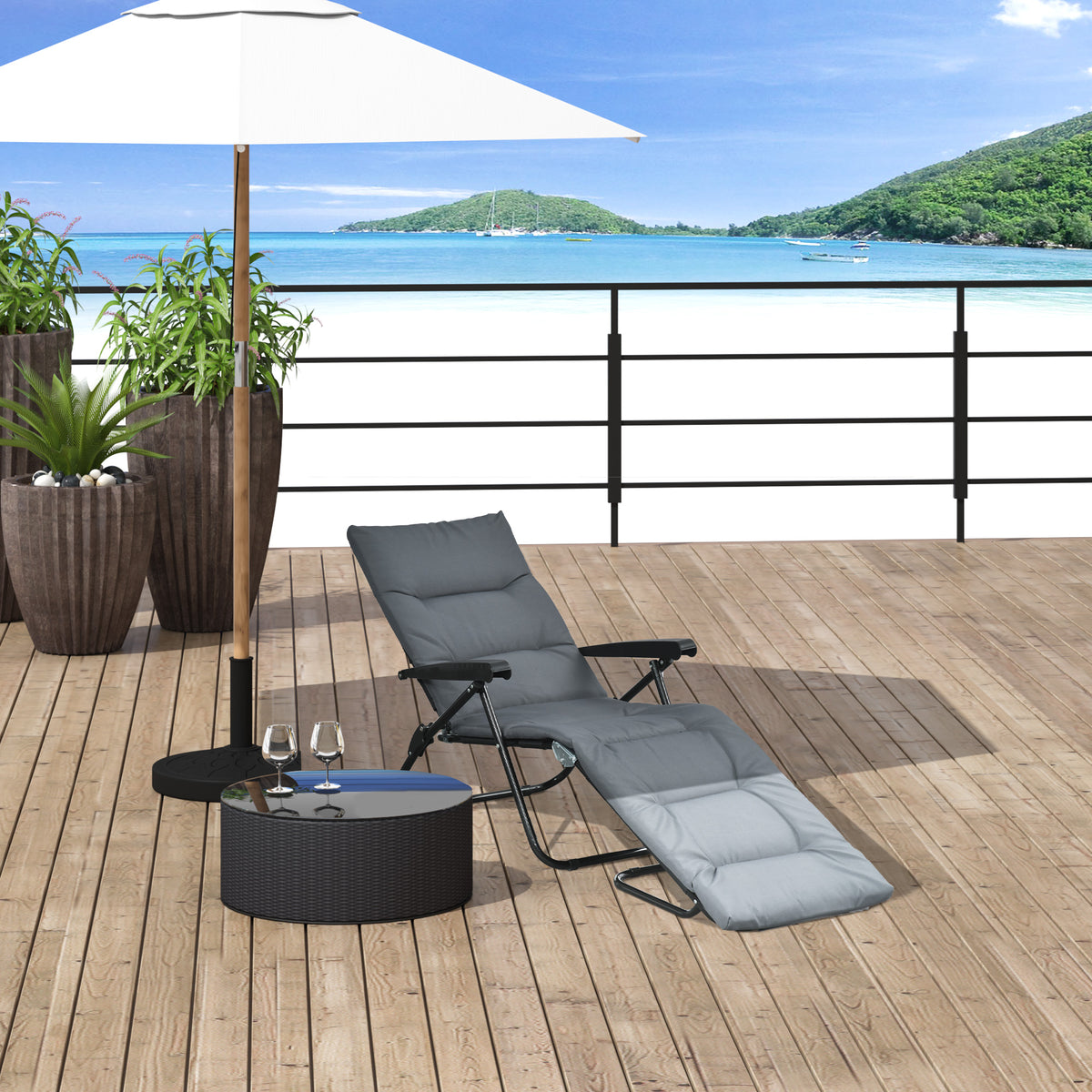 Foldable Lounge Chair, Reclining Patio Sun Lounger with 6-Position Adjustable Back, Blue and White