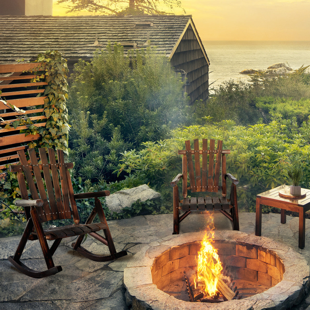 Wooden Outdoor Rocking Chair, Oversized Adirondack Patio Rocker with High Back and Slatted Seat, Carbonized – view 14