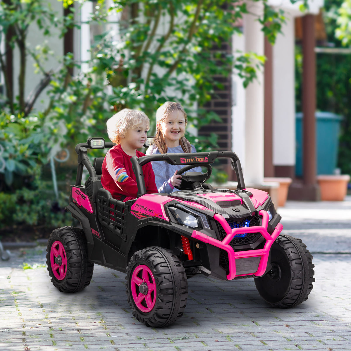 Qaba 2 Seater 24V Electric Car for Kids w/ Remote Control, 3 Speed, LED Lights, Music, Horn, Spring Suspension