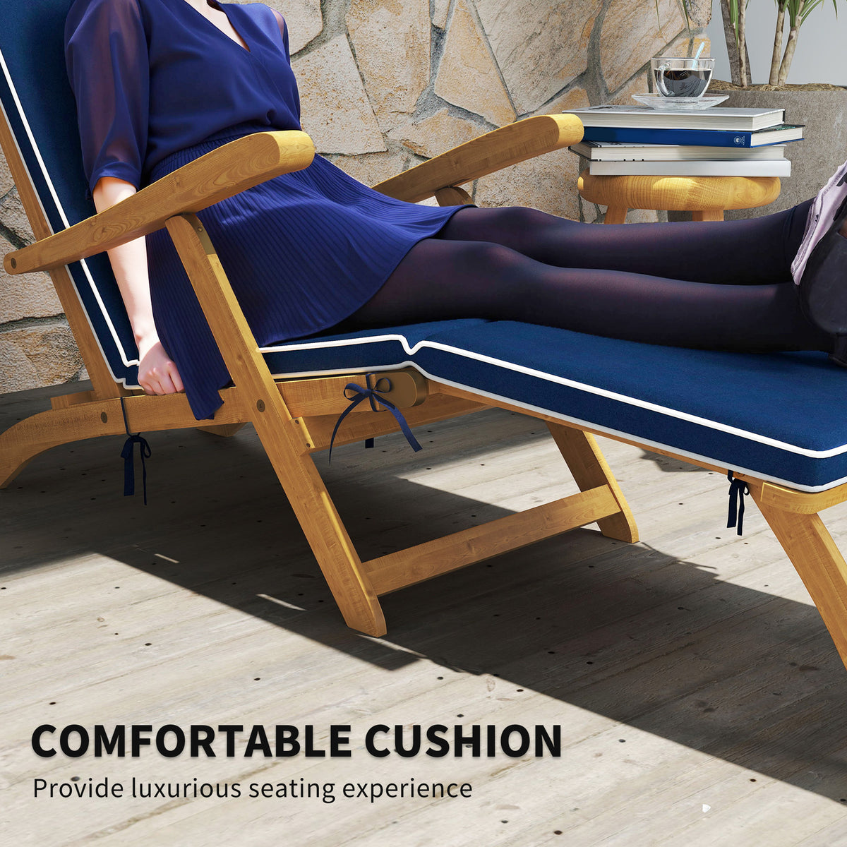Folding Patio Lounge Chair with Padded Cushion, Acacia Wood Patio Lounger Recliner with Footrest for – view 6