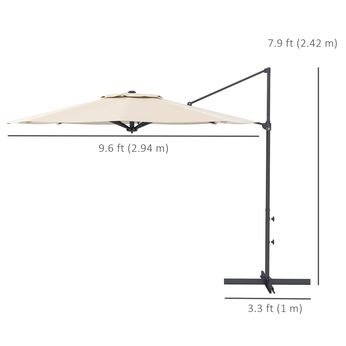 10 FT Cantilever Umbrella, Aluminum Hanging Offset Umbrella with 360°Rotation, Crank, Tilt, Cross Base, Grey