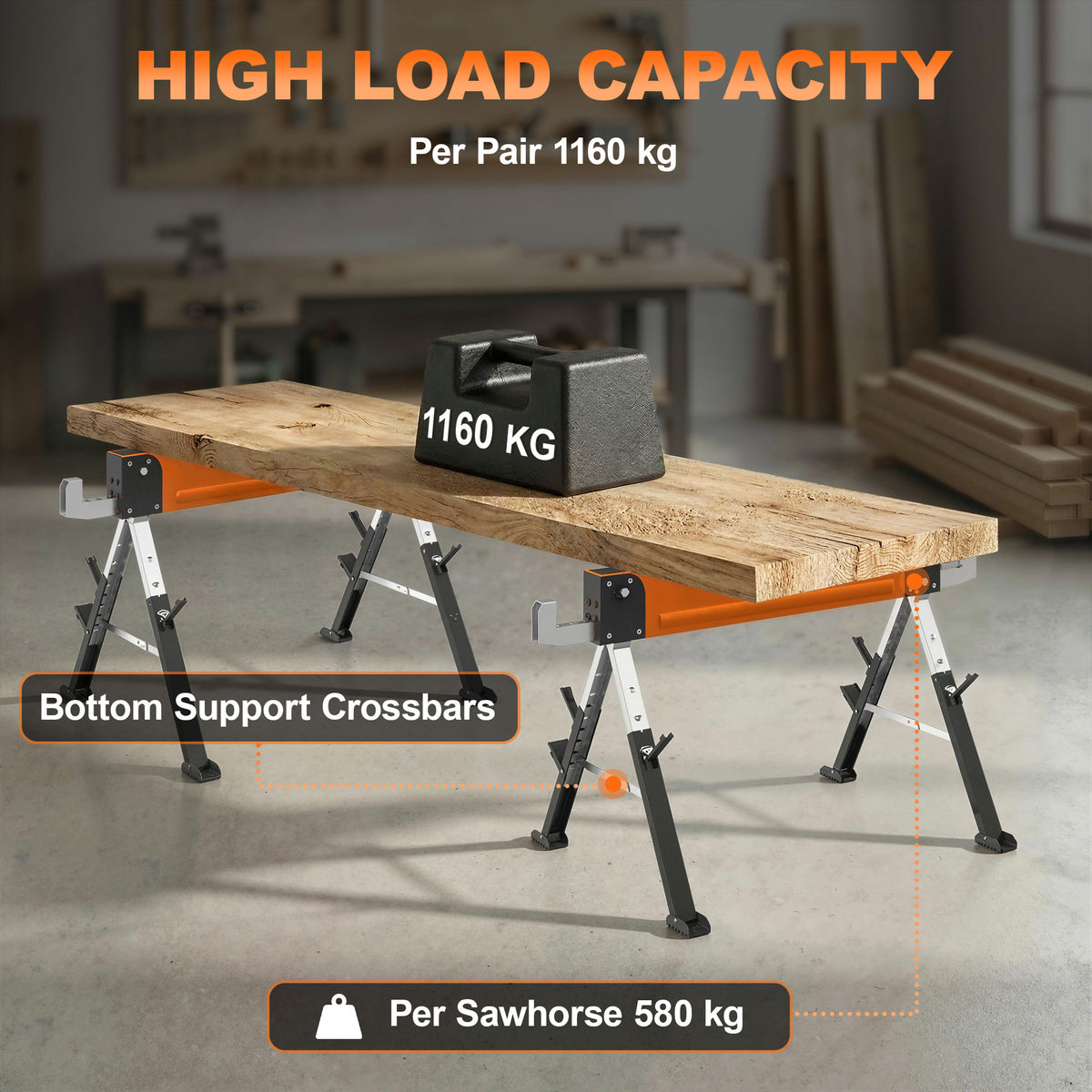 Saw Horses 2 Pack, Folding Heavy Duty Sawhorses with Adjustable Height and 2x6 Bracket, Carry Handle, Orange