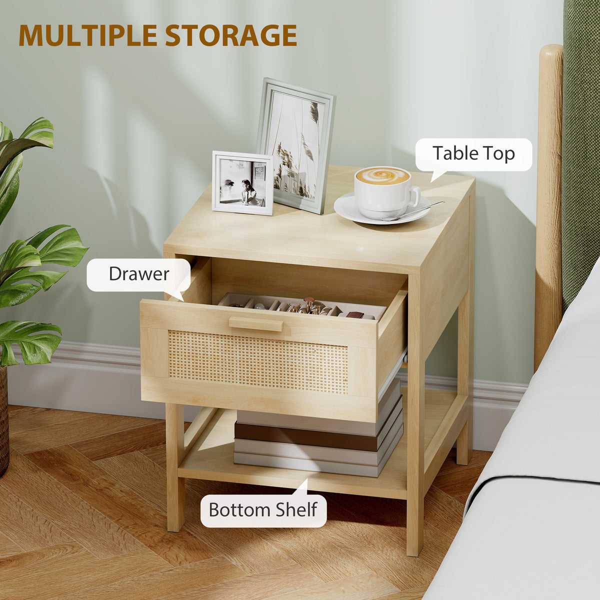 Narrow Nightstand with Rattan Elements, Bedside Table with Drawer and Storage Shelf for Bedroom, Natural – view 11