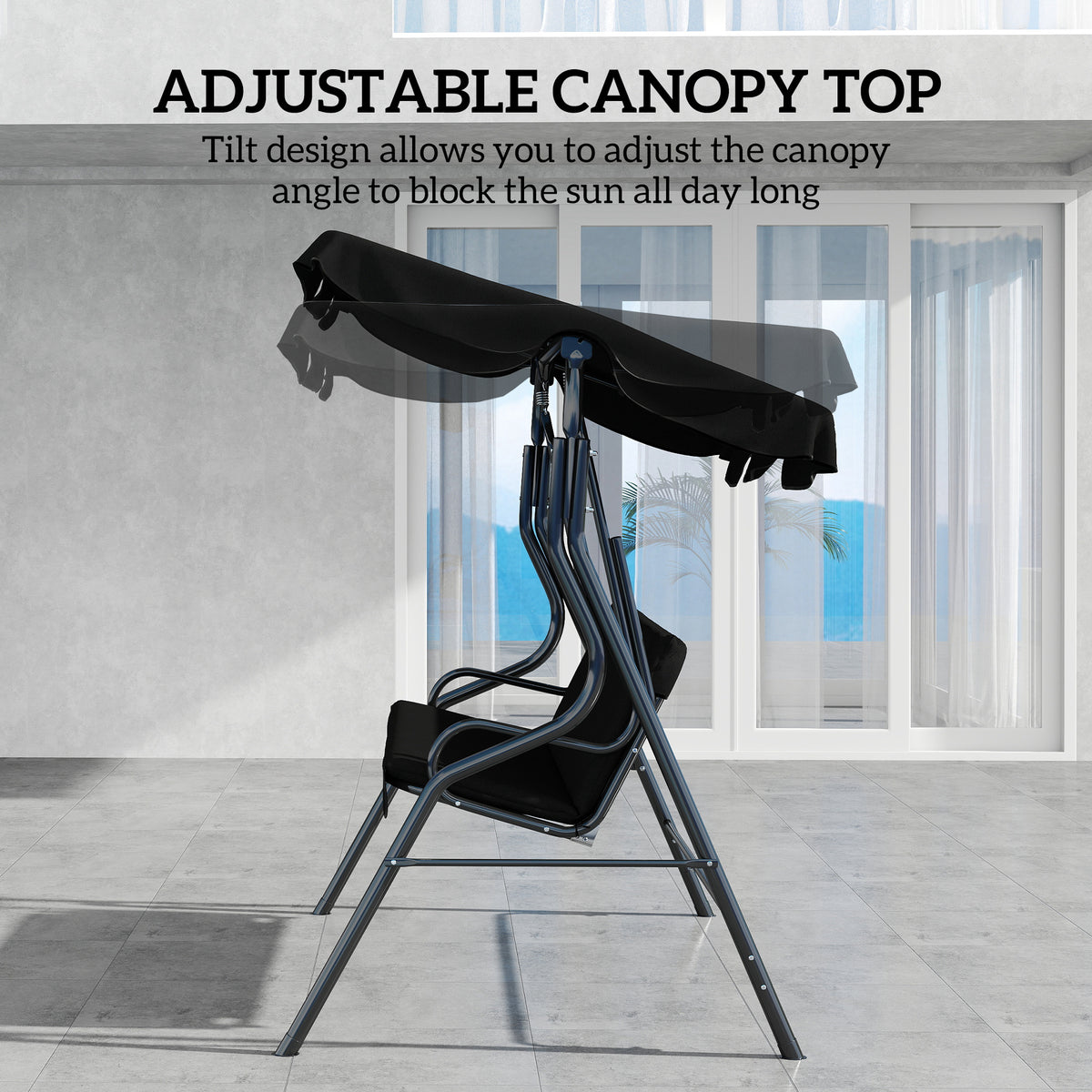 Outdoor Porch Swing with Adjustable Canopy, 3-Seater Patio Swing Chair with Cushion, Black – view 3