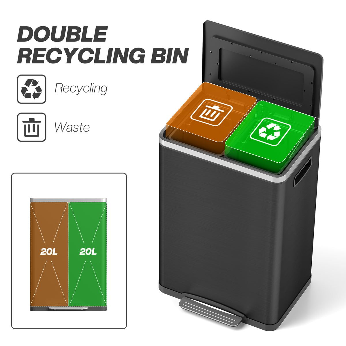 2x5.3 gal (2x20 L) Garbage Bin, Stainless Steel Garbage Can with Soft-Close Lid and Removable Inner – view 3