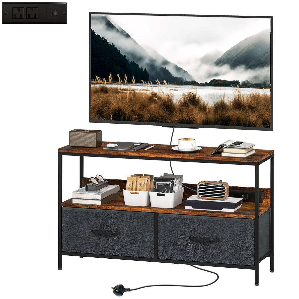 TV Stand with Charging Station, TV Table with 2 Foldable Linen Drawers and Open Shelf for 47 Inch – view 36
