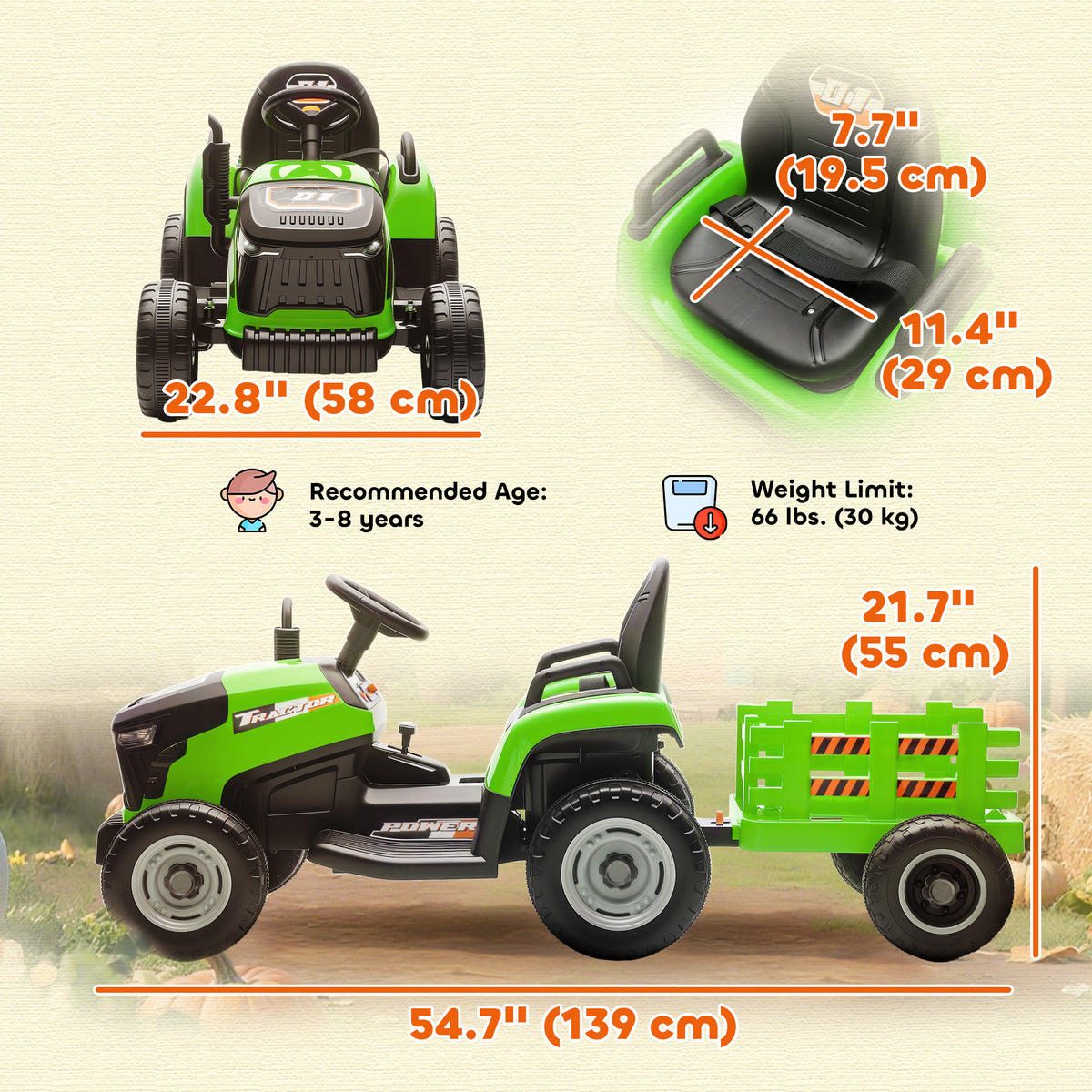 Qaba 12V Kids Ride On Tractor with Trailor, Remote Control, Music, Lights, Shifter, for Kids Ages 3-8 Years
