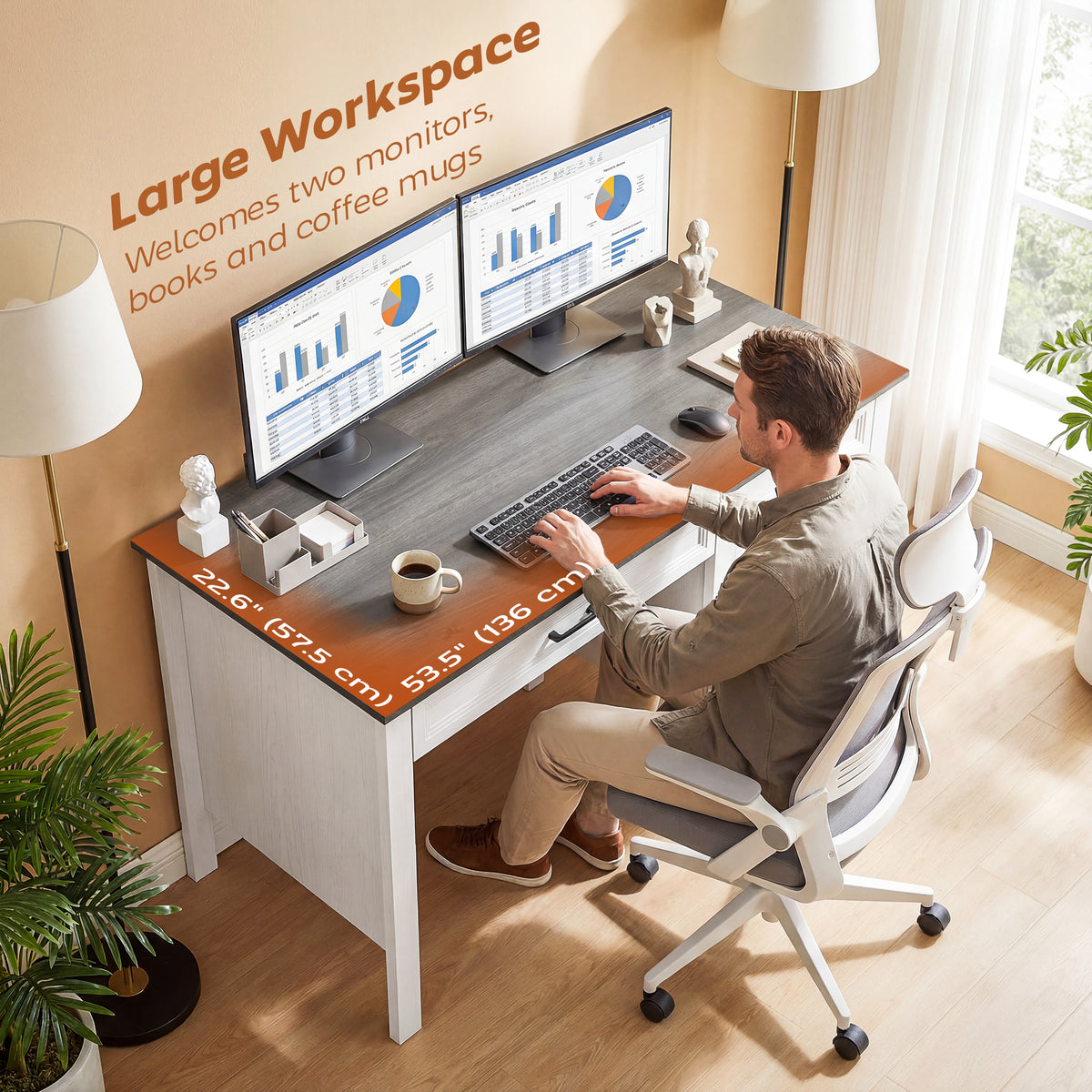 54" Farmhouse Executive Desk, Computer Desk with Drawers, Adjustable Hanging Rails for for A4/Letter Size Files, White