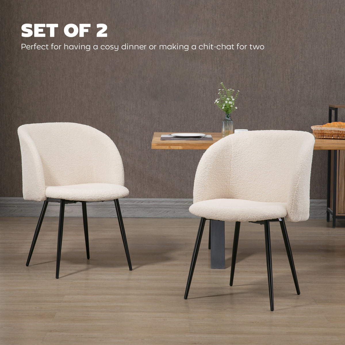 Dining Chairs Set of 2, Sherpa Fleece Upholstered Kitchen Chairs with Backrest and Steel Legs, Cream White