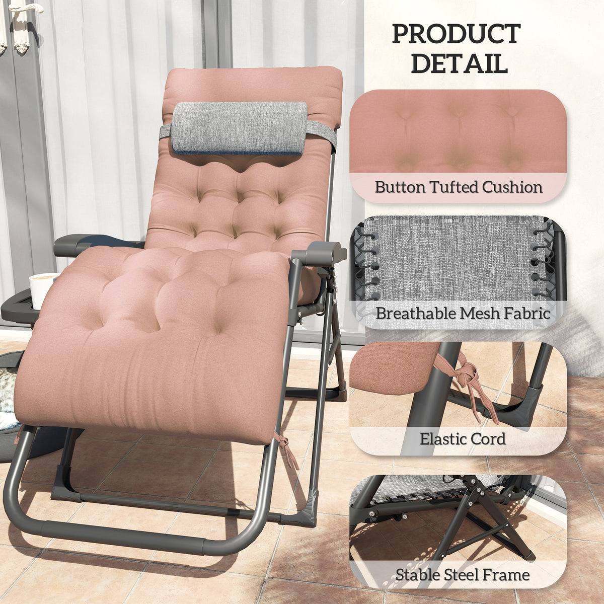 Padded Folding Recliner Chair, Patio Lounger with Cupholder, Adjustable Backrest, Removable Cushion, Black – view 27