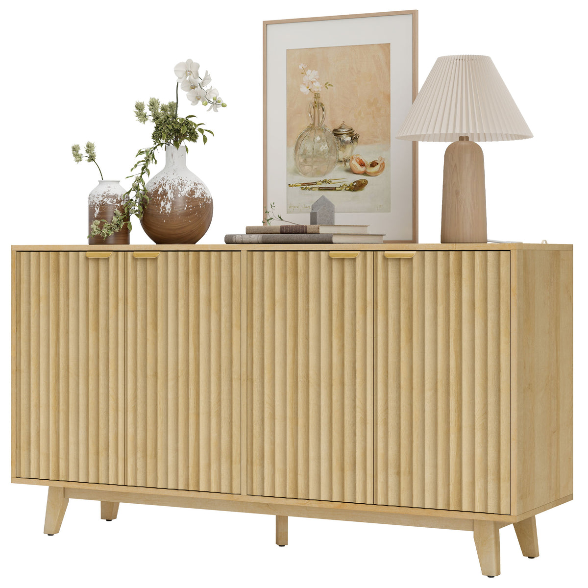 Fluted Sideboard Buffet Cabinet, 55" Coffee Bar Cabinet with 4 Doors, 2 Adjustable Shelves, 5 Wood Legs, Nature Wood