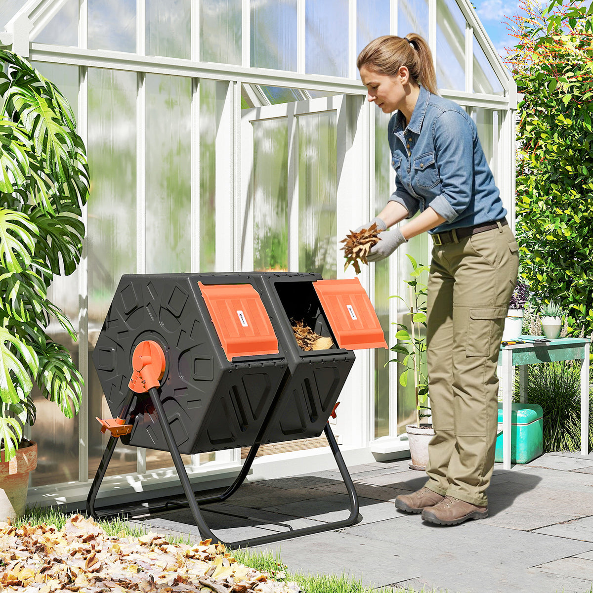 Rotating Composter, Dual Chamber Compost Bin with 24 Vents and Steel Legs, 34.5 Gallon, Brown