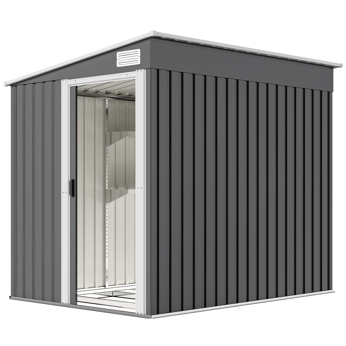 5'x7' Lean to Galvanized Metal Shed with Foundation, Garden Tool Storage House with Sliding Door and 2