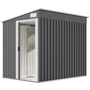 5'x7' Lean to Galvanized Metal Shed with Foundation, Garden Tool Storage House with Sliding Door and 2