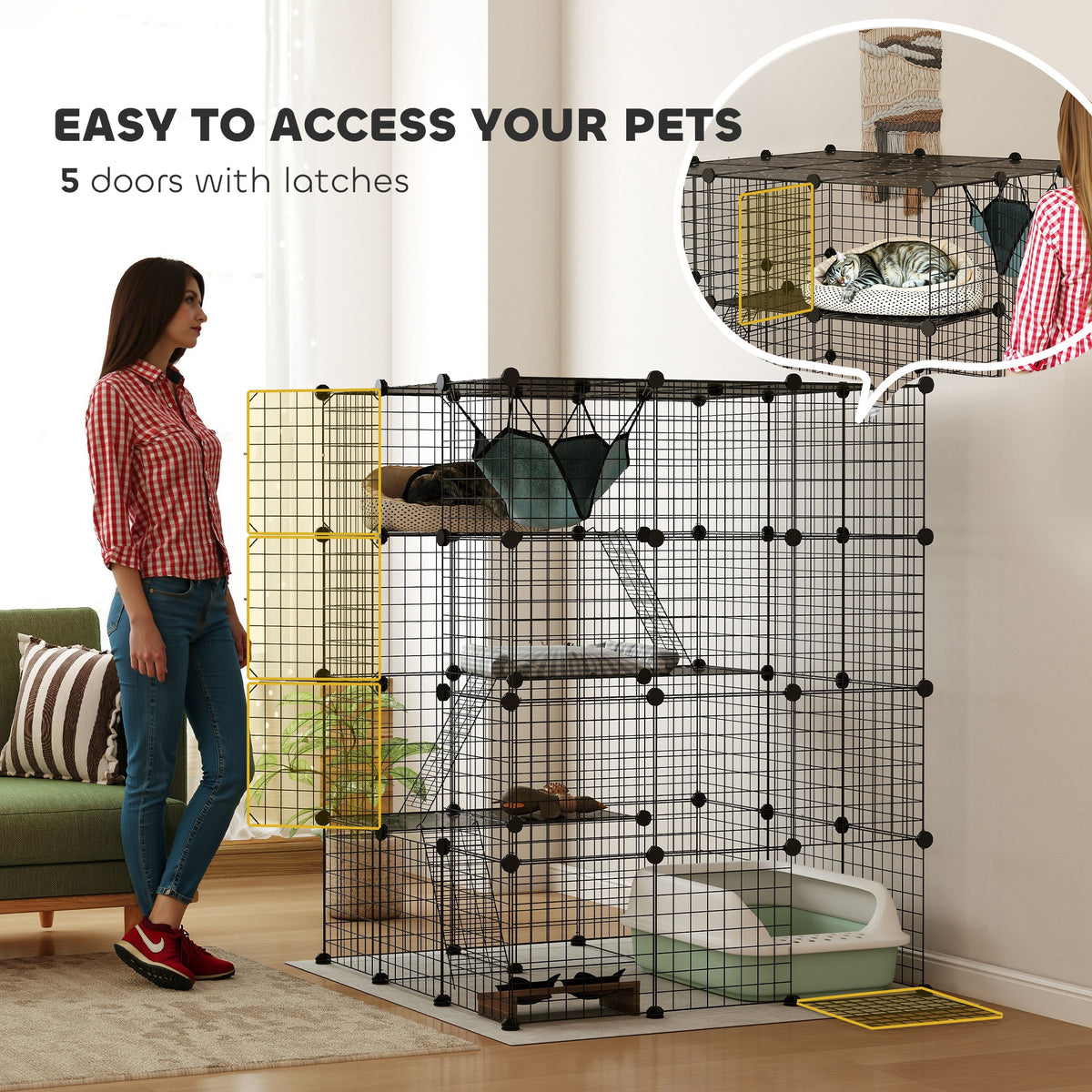 4 Tier DIY Cat Cage Indoor, Catio for 1-3 Cats with Hammock, 5 Doors, 3 Ramps, 3 Jumping Platforms – view 5