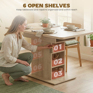 Extendable Dining Table for 4-6 People, 43.3"-51.2" Kitchen Table with 6 Open Shelves, Natural Wood
