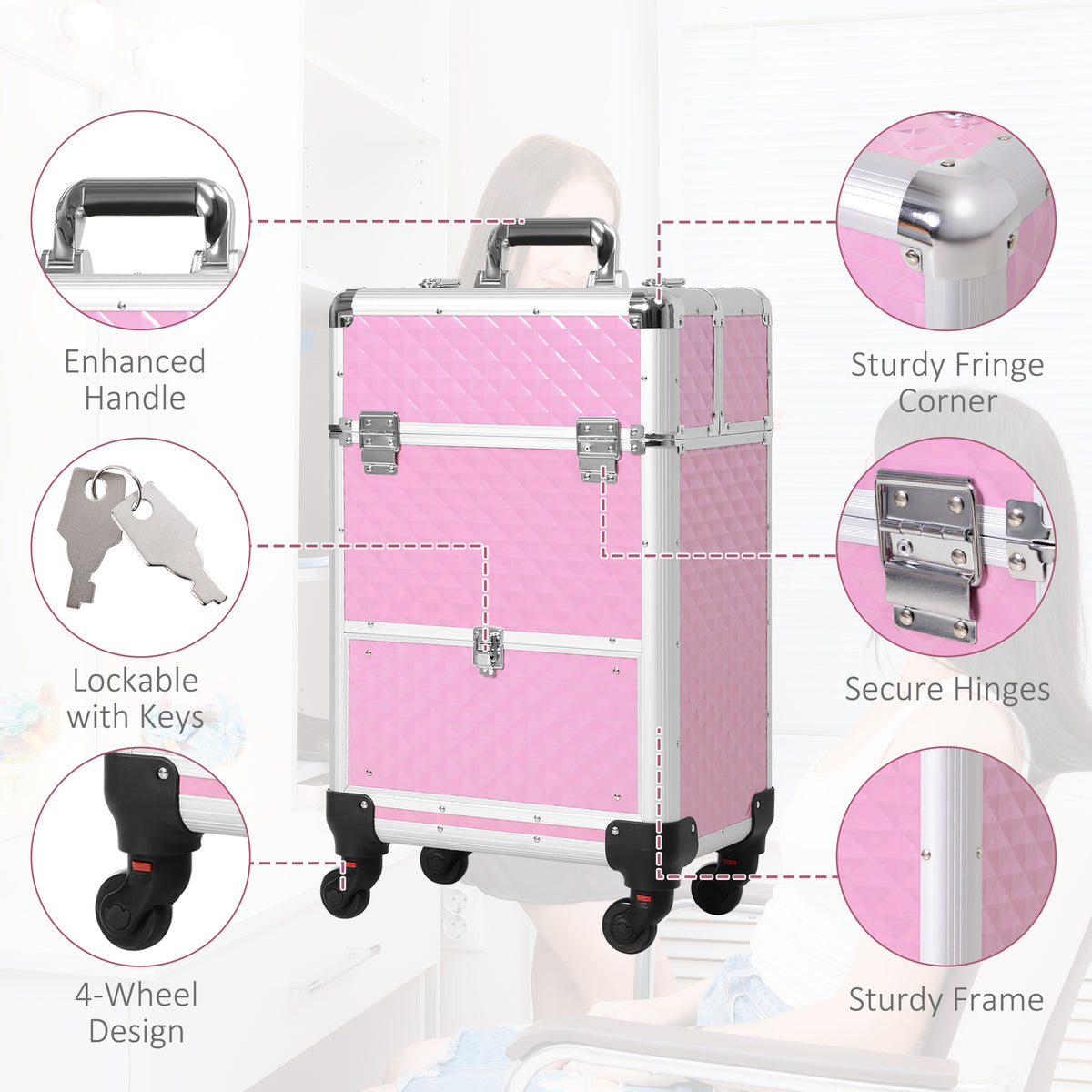 Portable Aluminum Makeup Train Cases, Rolling Makeup Case – view 10
