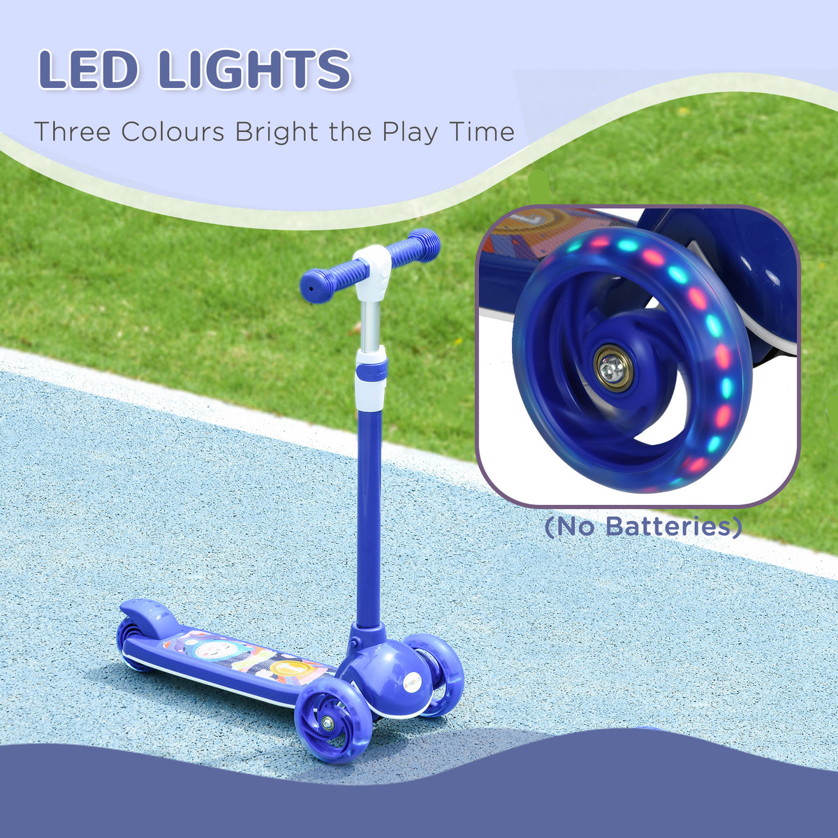 Qaba 3 Wheel Kids Scooter, Toddler Kick Scooter with Adjustable Height, Rear-Fender Brake, LED Light, TPE Handlebar