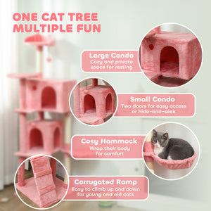 63 Inch Cat Tree with Sisal Scratching Posts, Condos, Plush Perches, Hammock, Ladder, Dangling Balls, Beige – view 31