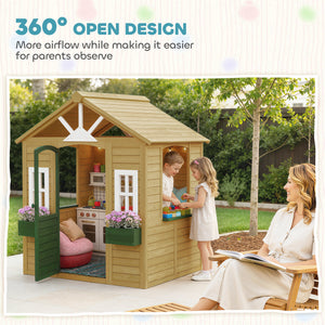 Qaba Outdoor Playhouse, Wooden Kids Playhouse with Door, 3 Windows, 2 Flower Boxes for Garden, Indoor Playroom, Ages 3–8