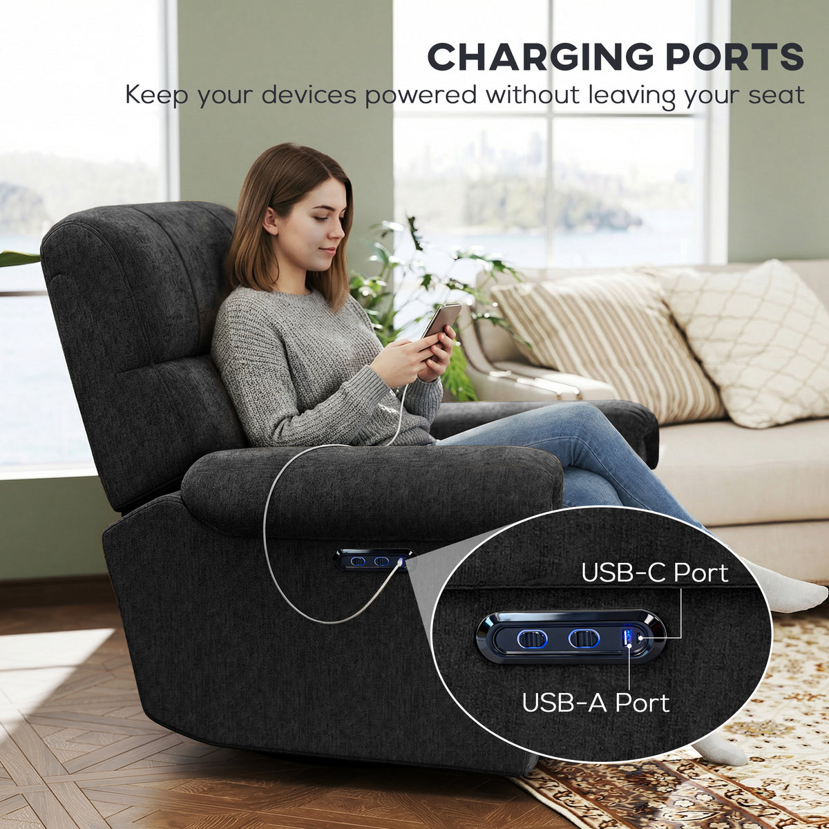 Power Recliner Chair, Fabric Upholstered Recliner Chair with USB Ports, Swivel and Rocking Function – view 6