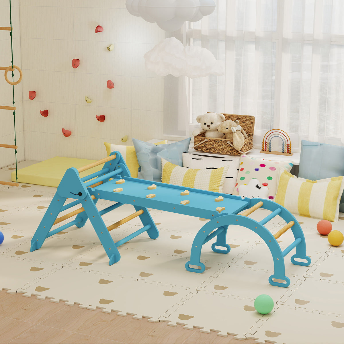 Qaba 7-in-1 Pikler Triangle Set, Foldable Wooden Climbing Toys with Arch, Ramp and Ladder for Toddlers 1-4 Years