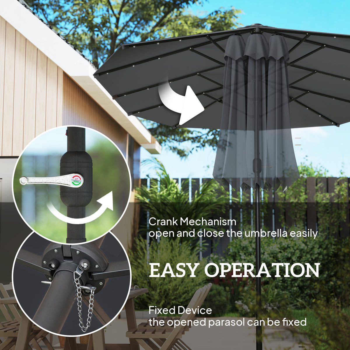 174" Double-Sided Sun Umbrella Garden Parasol Patio Sun Shade Outdoor with LED Solar Light, Khaki – view 12