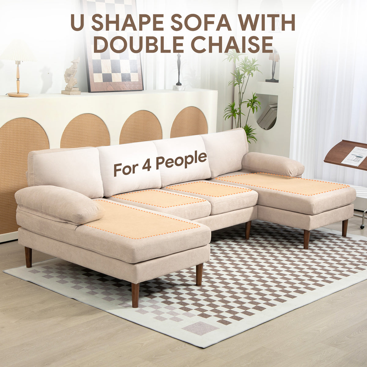 U Shape Couch with Double Chaise Lounge, Modern 4 Seater Sofa with Wooden Legs, Fabric Sofa for Living Room, Beige