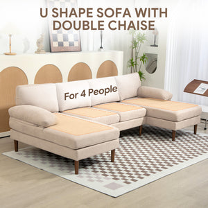 U Shape Couch with Double Chaise Lounge, Modern 4 Seater Sofa with Wooden Legs, Fabric Sofa for Living Room, Beige