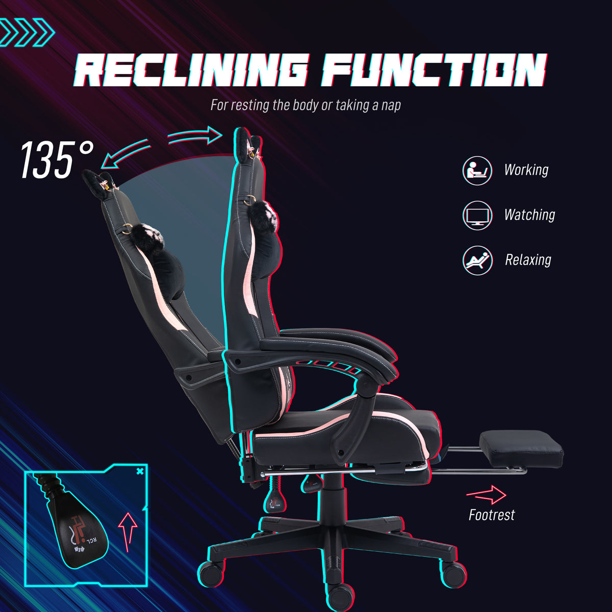 Cute Racing Gamer Chair, Faux Leather Gaming Chair with Footrest, Headrest and Lumbar Support, Black – view 5